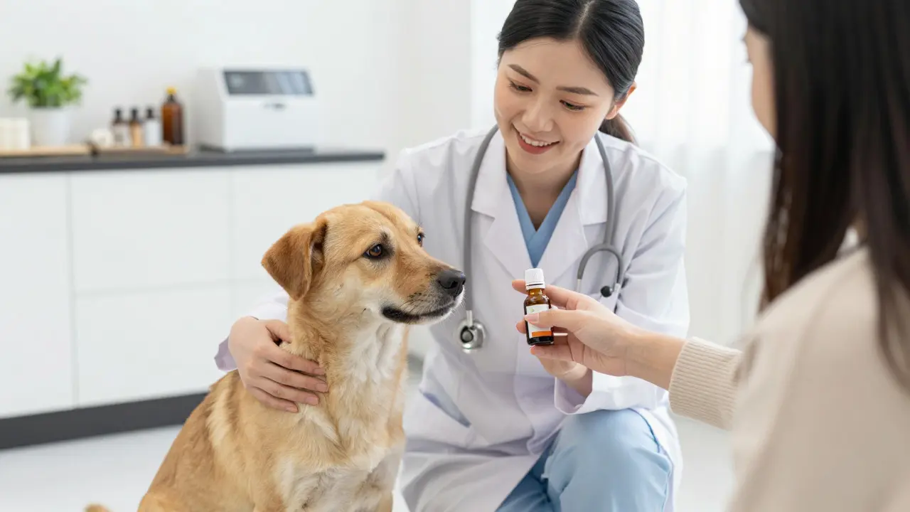 Tierärztin berät Besitzer über CBD-Öl für ihren ruhigen Hund